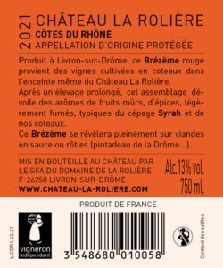 Contre étiquette du Château La Rolière Brézème rouge 2021
