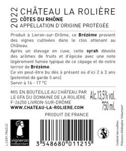 Contre étiquette du Château La Rolière Brézème rouge 2022