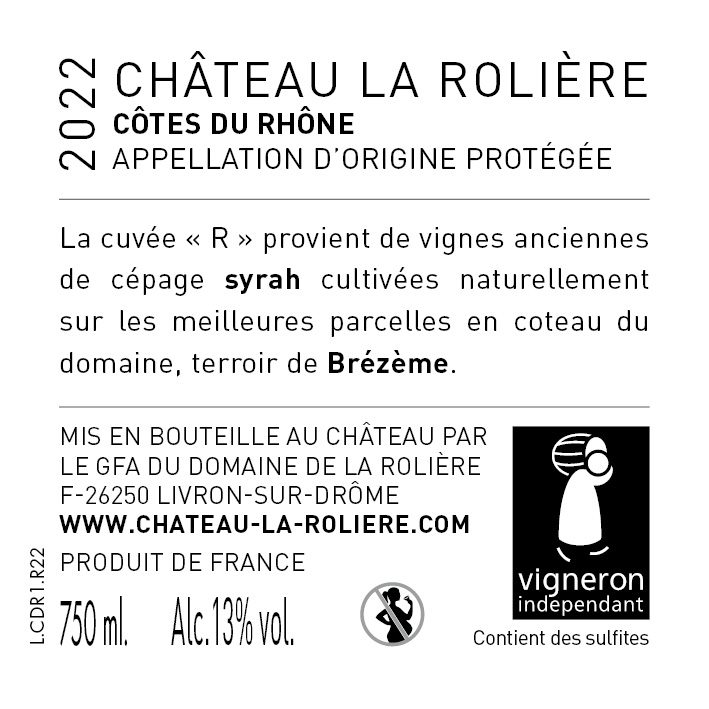 Contre étiquette Château La Rolière Brézème cuvée R rouge 2022