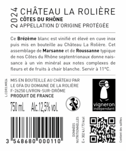 Contre étiquette Château La Rolière Brézème, blanc Marsanne Roussanne 2024