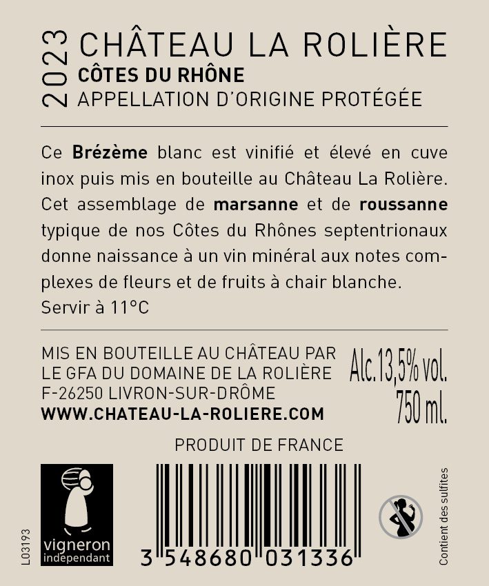 Contre étiquette Château La Rolière Brézème, blanc Marsanne Roussanne 2023
