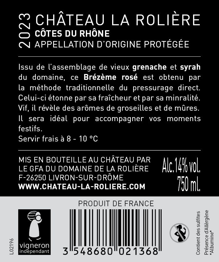 Contre étiquette Château La Rolière Brézème, rosé 2023