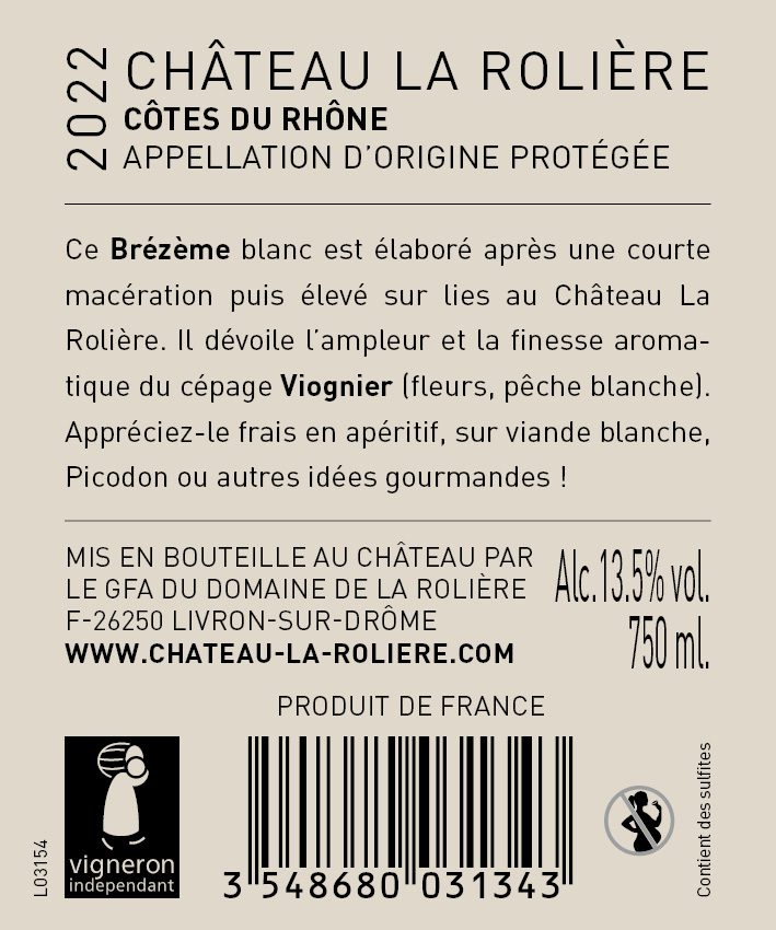 Contre étiquette Château La Rolière Brézème, Sélection Viognier, blanc 2022