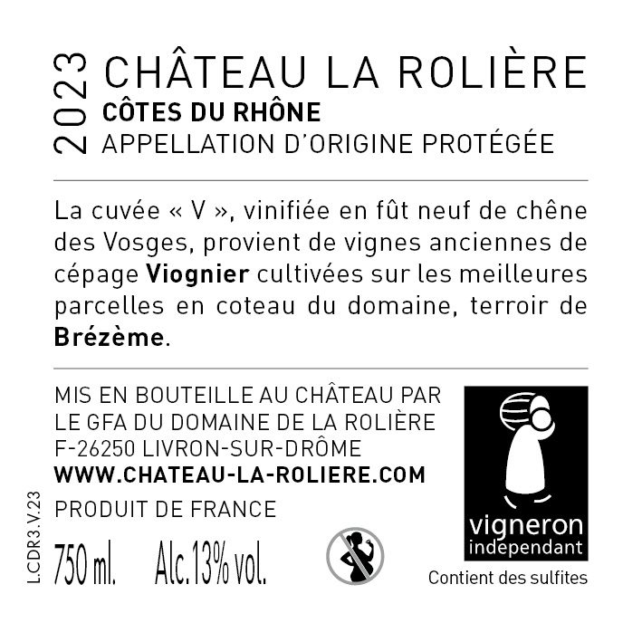 Contre étiquette Château La Rolière Brézème cuvée V, Viognier blanc 2023