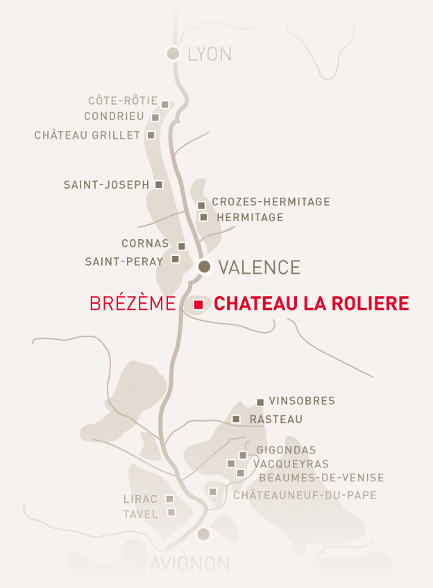 Carte de l'appellation d'origine protégée Côtes du Rhône Brézème. Crozes-Hermitage, Saint-Joseph, Condrieu, Côte-Rôtie.