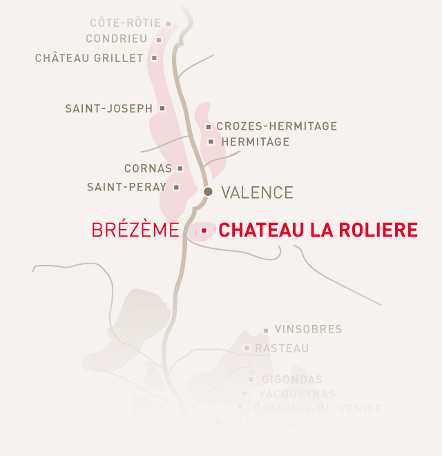 Carte de l'appellation d'origine protégée Côtes du Rhône Brézème. Crozes-Hermitage, Saint-Joseph, Condrieu, Côte-Rôtie.